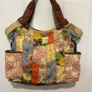 FOSSIL colorful floral patchwork canvas tote purse shoulder bag spring boho